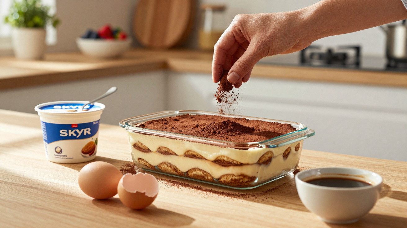 Mão a polvilhar cacau em tiramisu numa taça de vidro, com ovos, iogurte e café na bancada da cozinha.