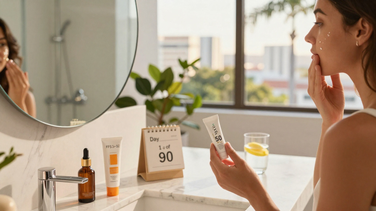 Mulher aplica protetor solar no rosto junto a produtos de cuidados e calendário num banheiro iluminado.