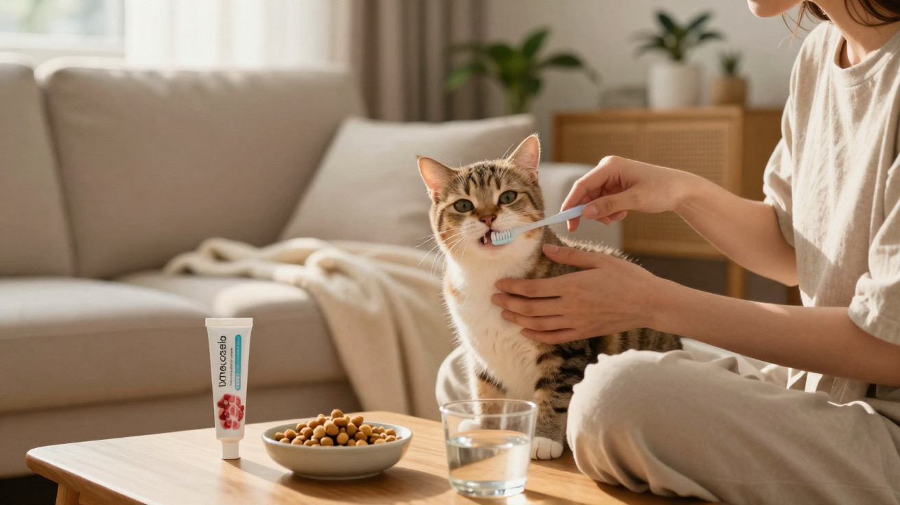 Pessoa a escovar os dentes de um gato sentado numa mesa junto a comida e água.