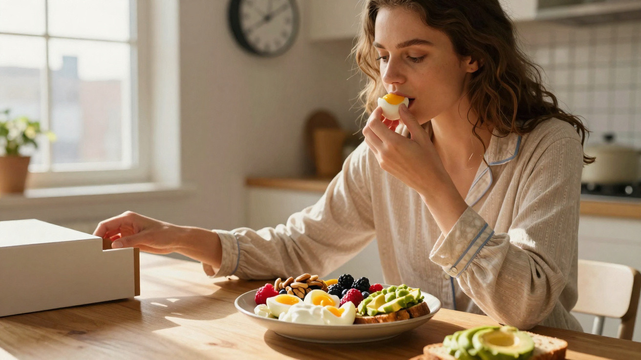 Mulher a comer ovo cozido ao pequeno-almoço numa cozinha luminosa, com fruta e tosta com abacate na mesa.
