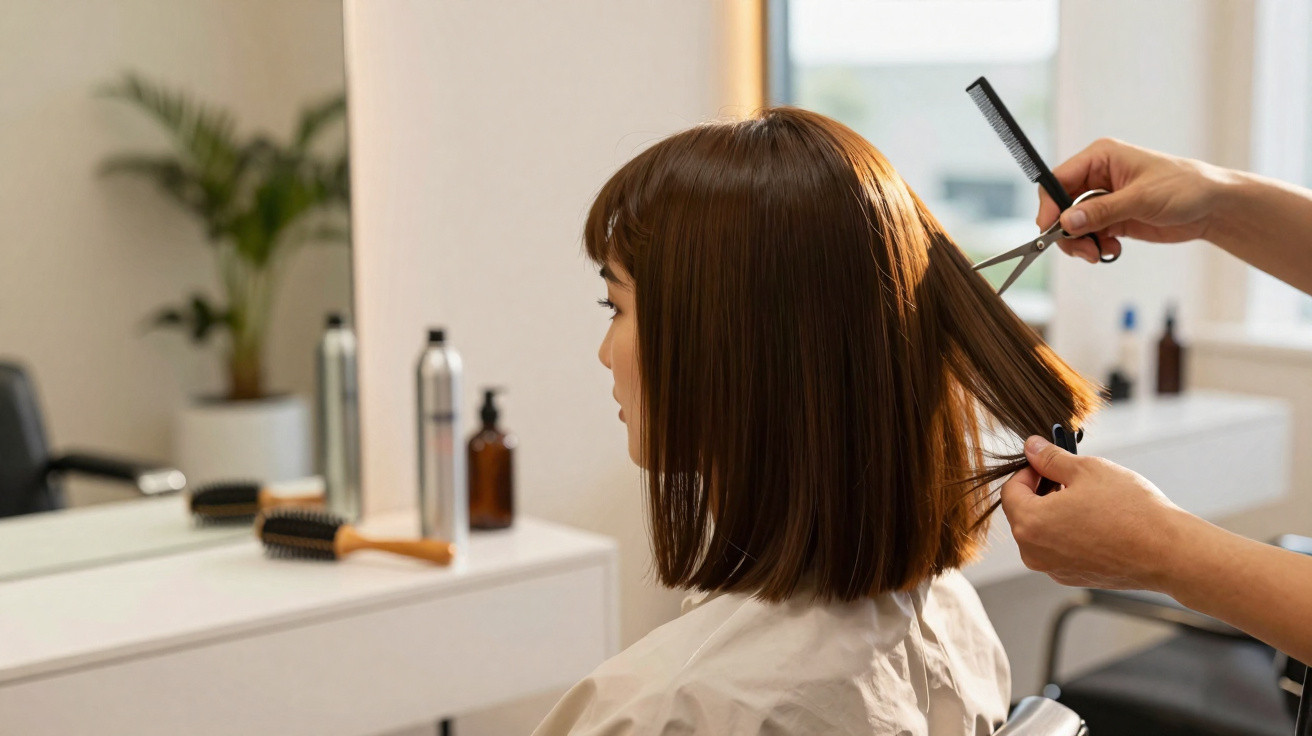 Cabeleireiro a cortar cabelo castanho liso e médio de mulher num salão moderno e iluminado.