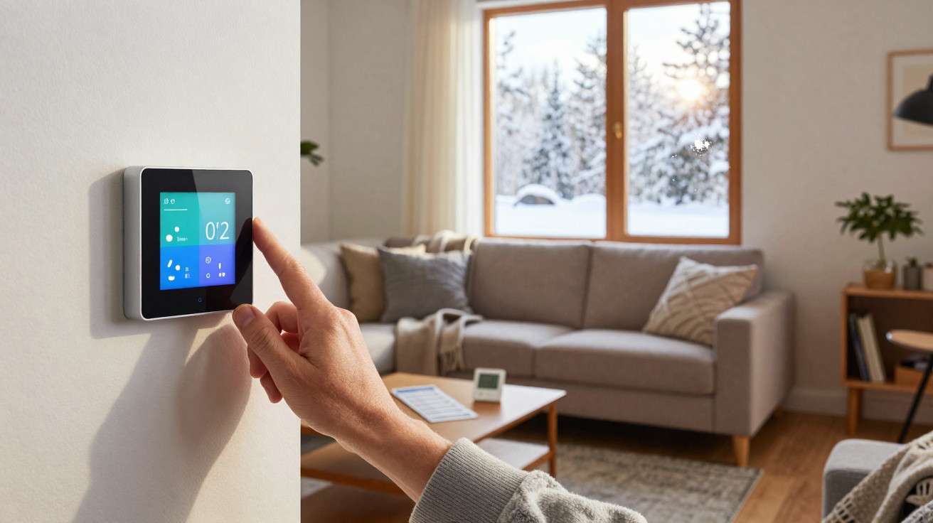 Pessoa ajusta termóstato digital numa sala com sofá junto a uma janela com vista para neve e árvores.