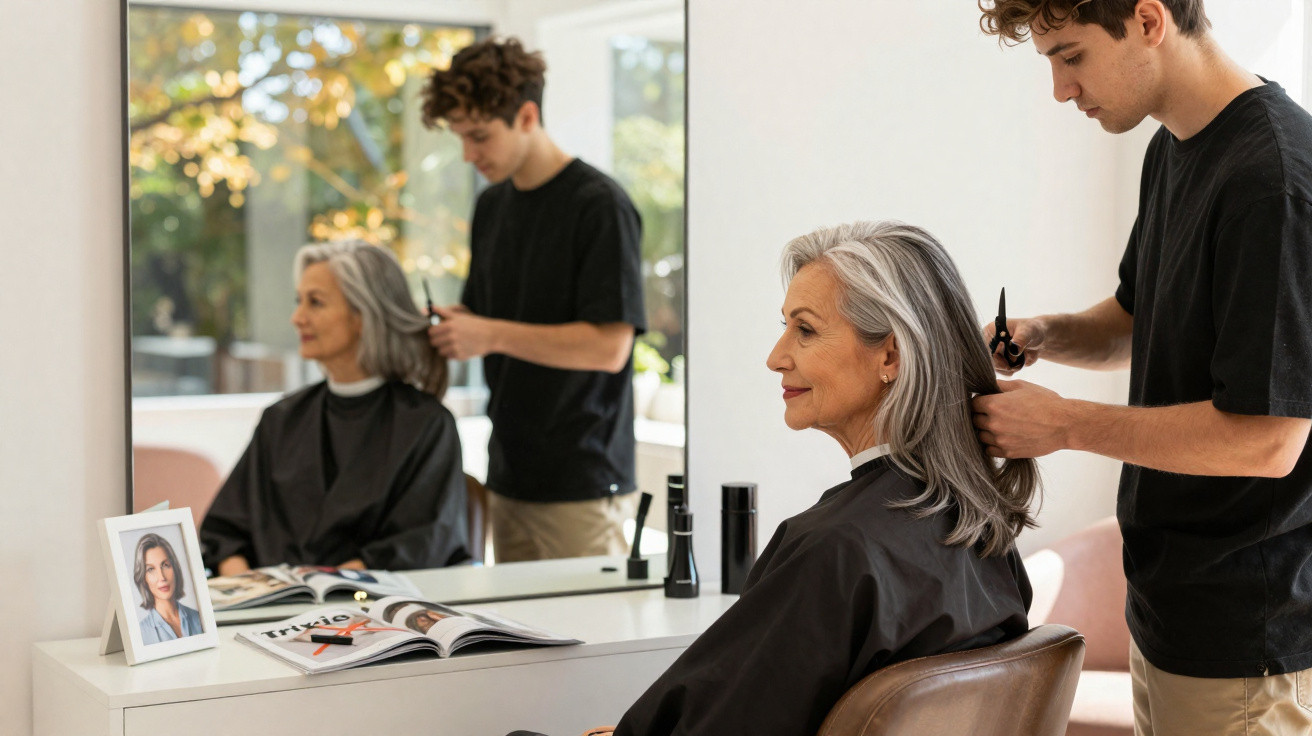 Homem corta cabelo de mulher idosa com cabelo cinzento num salão de beleza moderno e iluminado.