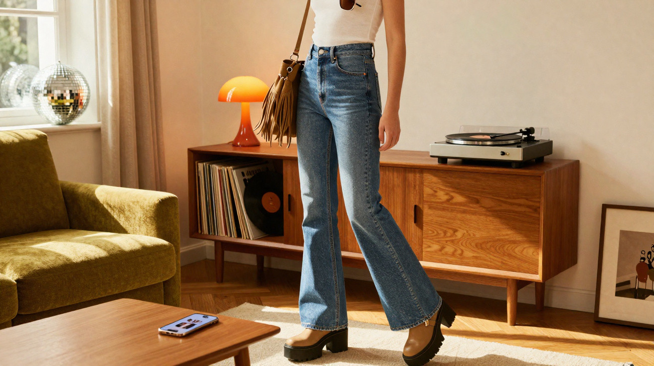 Pessoa de jeans e botas castanhas em sala com móvel vintage, gira-discos, sofá verde e mesa de madeira.