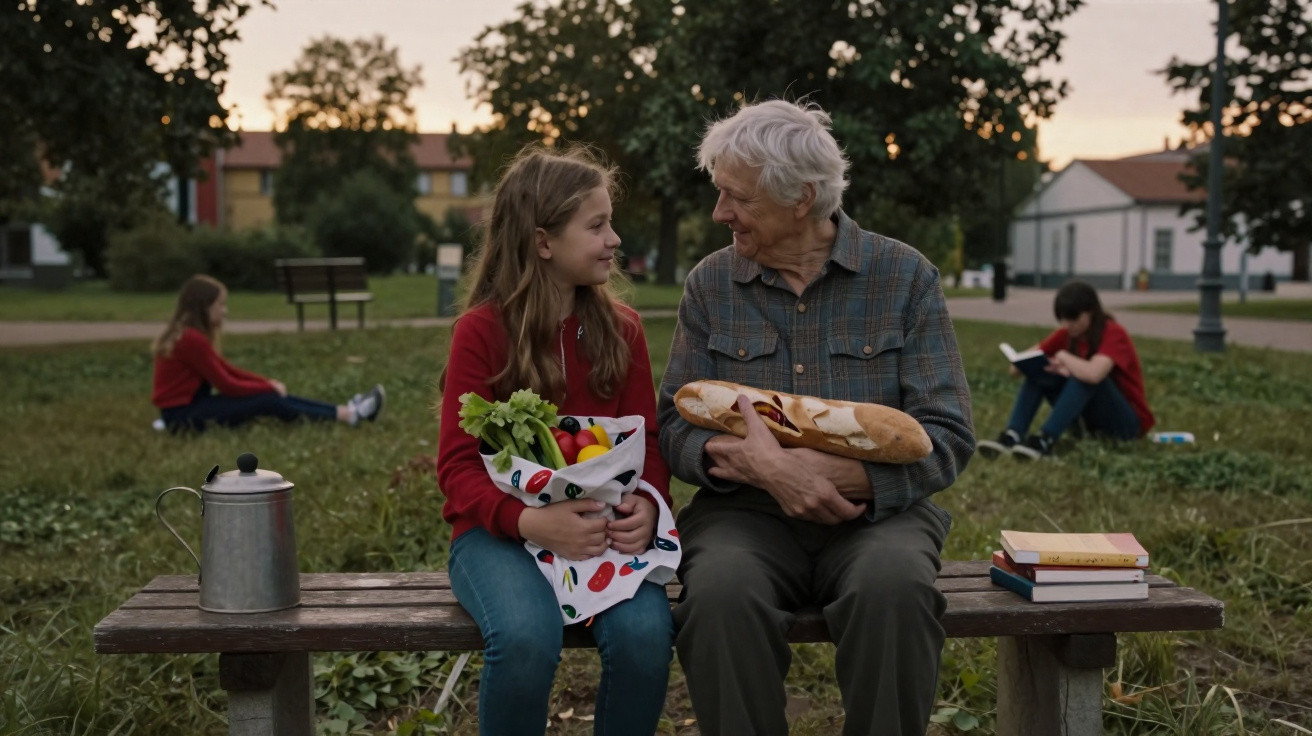 Rapaz e idoso sentados no parque com baguete, legumes e livros num banco de madeira ao entardecer.