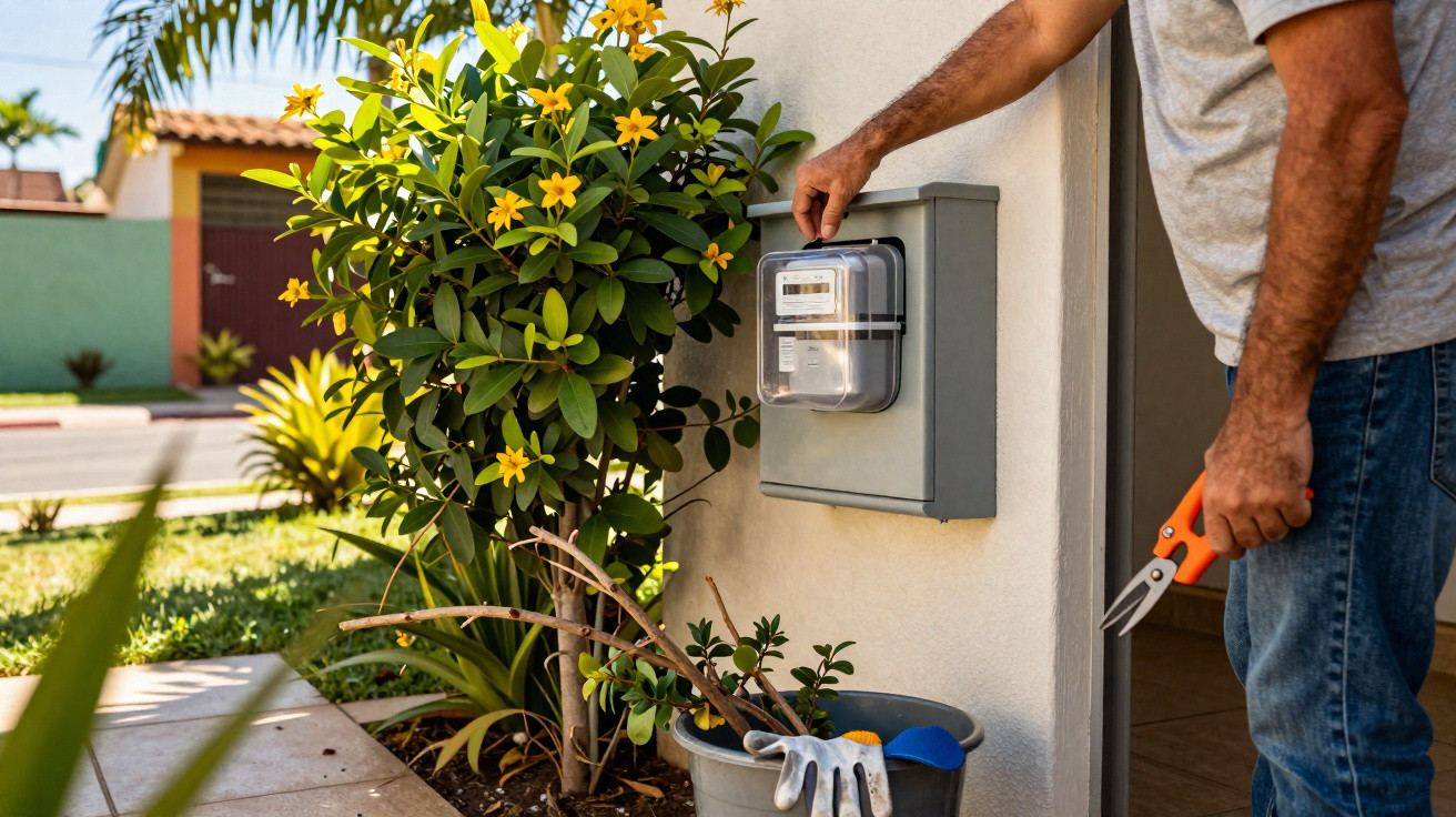 Pessoa a segurar tesoura de poda junto a um medidor elétrico numa parede exterior com plantas ao lado.