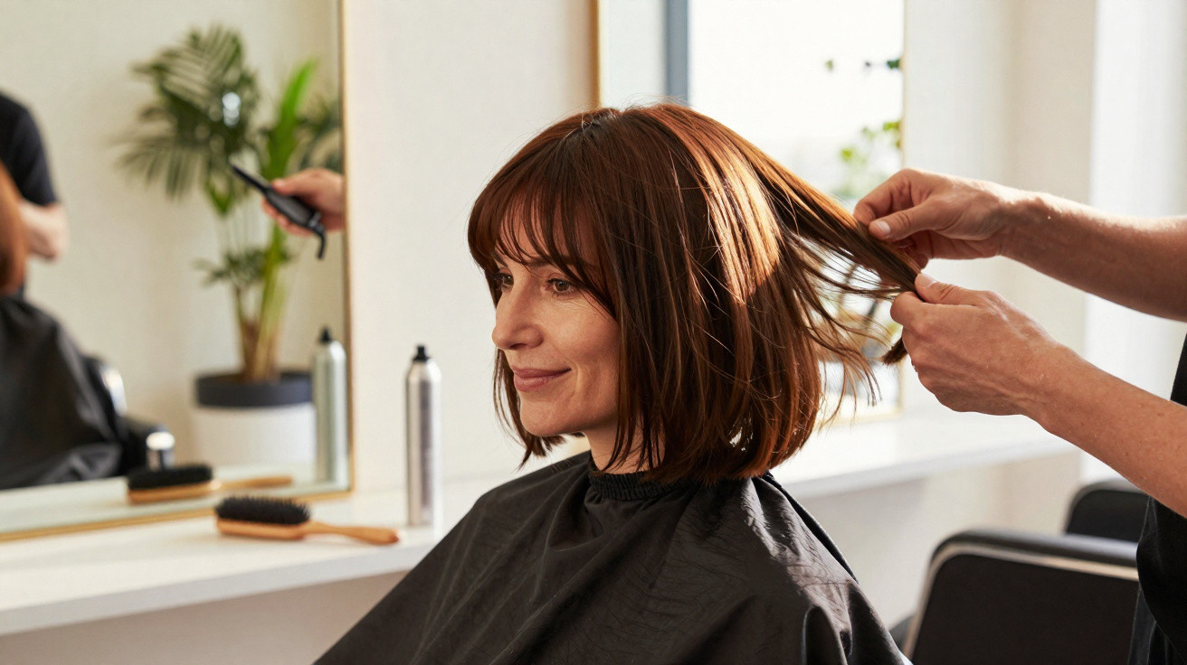 Mulher sorridente com capa preta a cortar cabelo num salão com plantas e espelho ao fundo.
