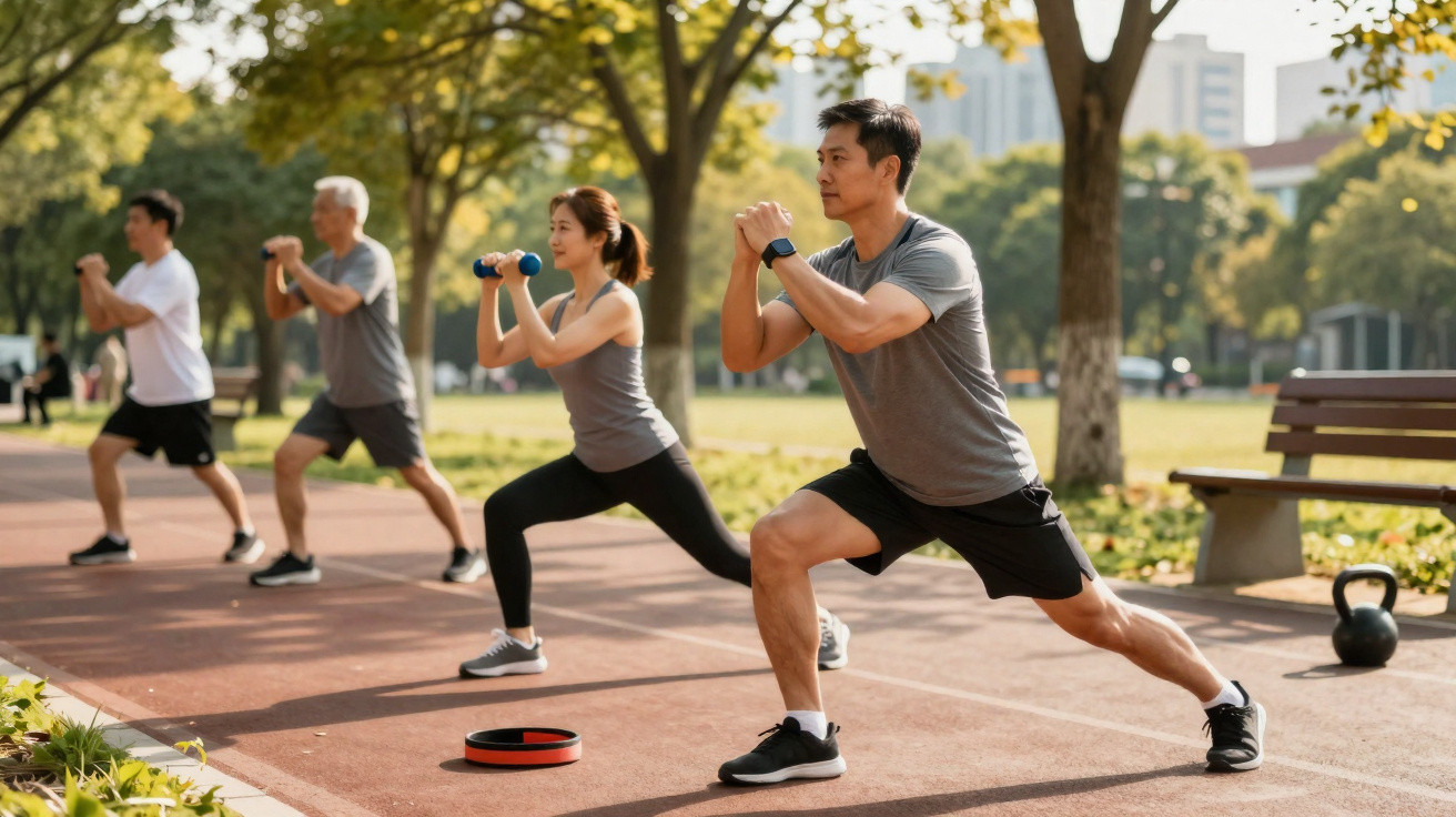 Grupo de cinco pessoas a fazer exercício ao ar livre num parque, com halteres e kettlebell.