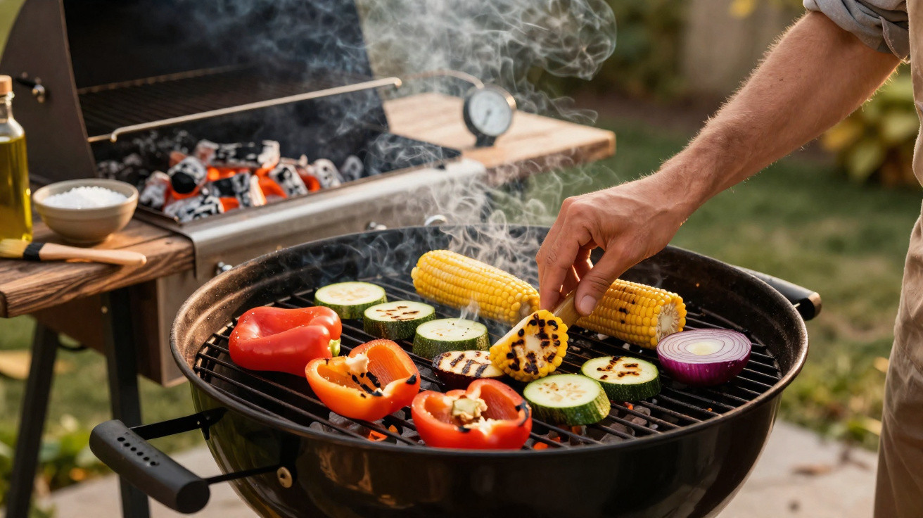 Mão a virar espiga de milho e vários legumes a grelhar num churrasco ao ar livre.
