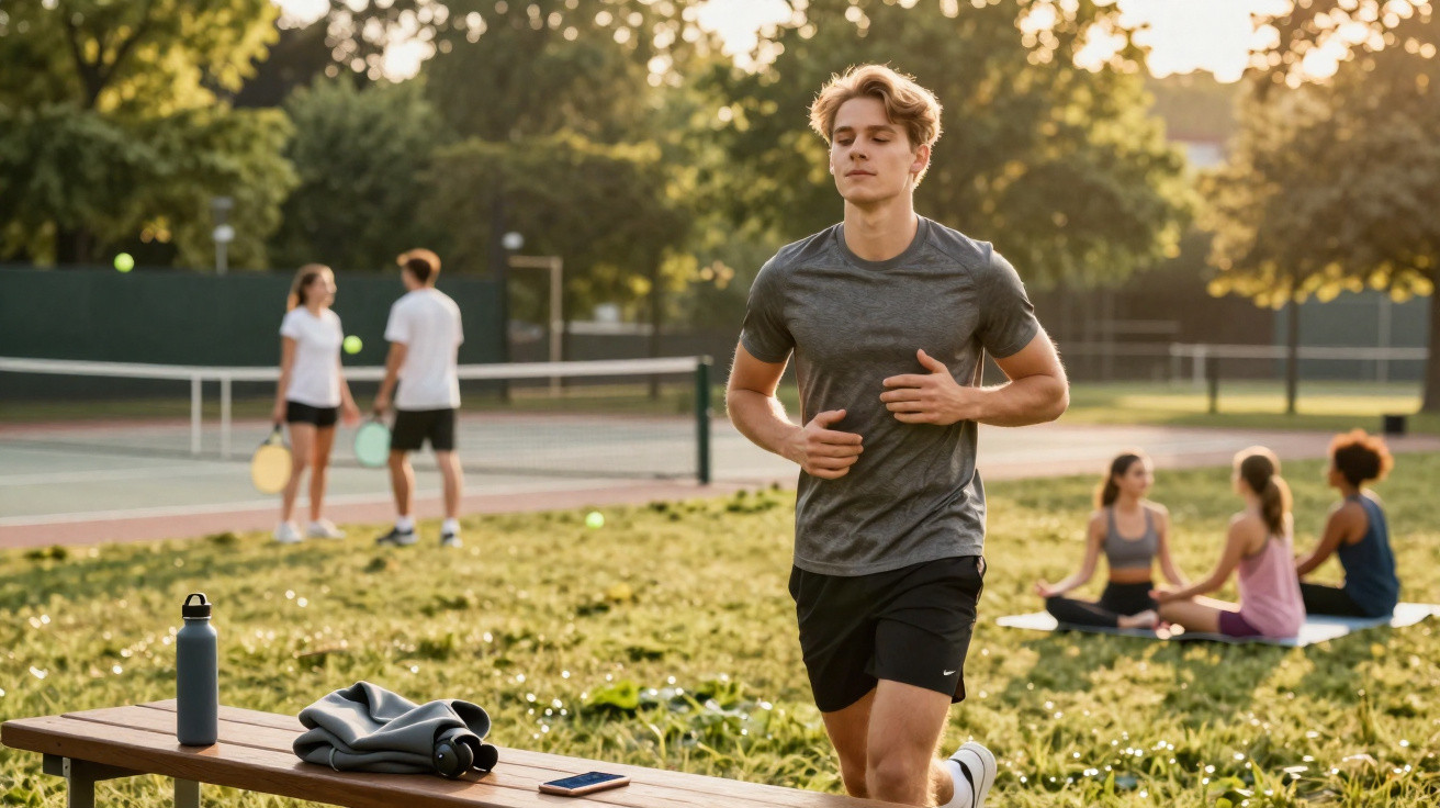 Jovem a correr num parque perto de um campo de ténis e grupo de pessoas sentadas no chão a praticar ioga.