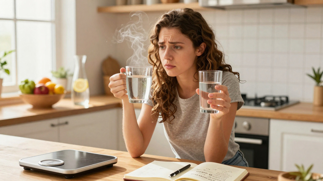 Mulher confusa compara água quente e fria enquanto está na cozinha com balança e caderno à frente.