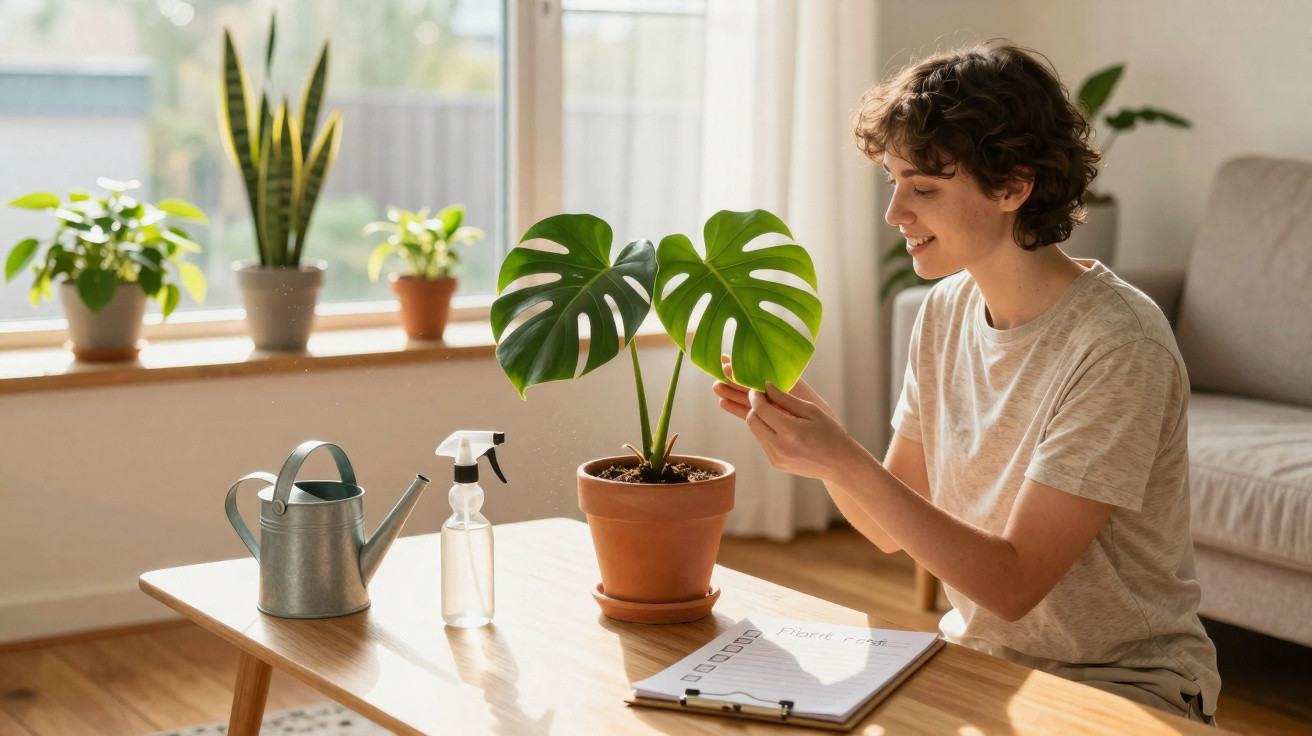 Pessoa a cuidar de planta monstera numa sala com várias plantas e luz natural.