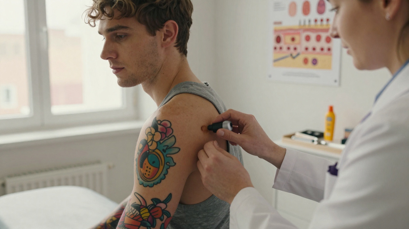 Paciente com tatuagens no braço a ser examinado por médico num consultório.