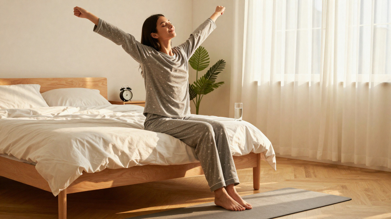 Mulher em pijama a espreguiçar-se sentada na cama numa manhã iluminada por luz natural suave.