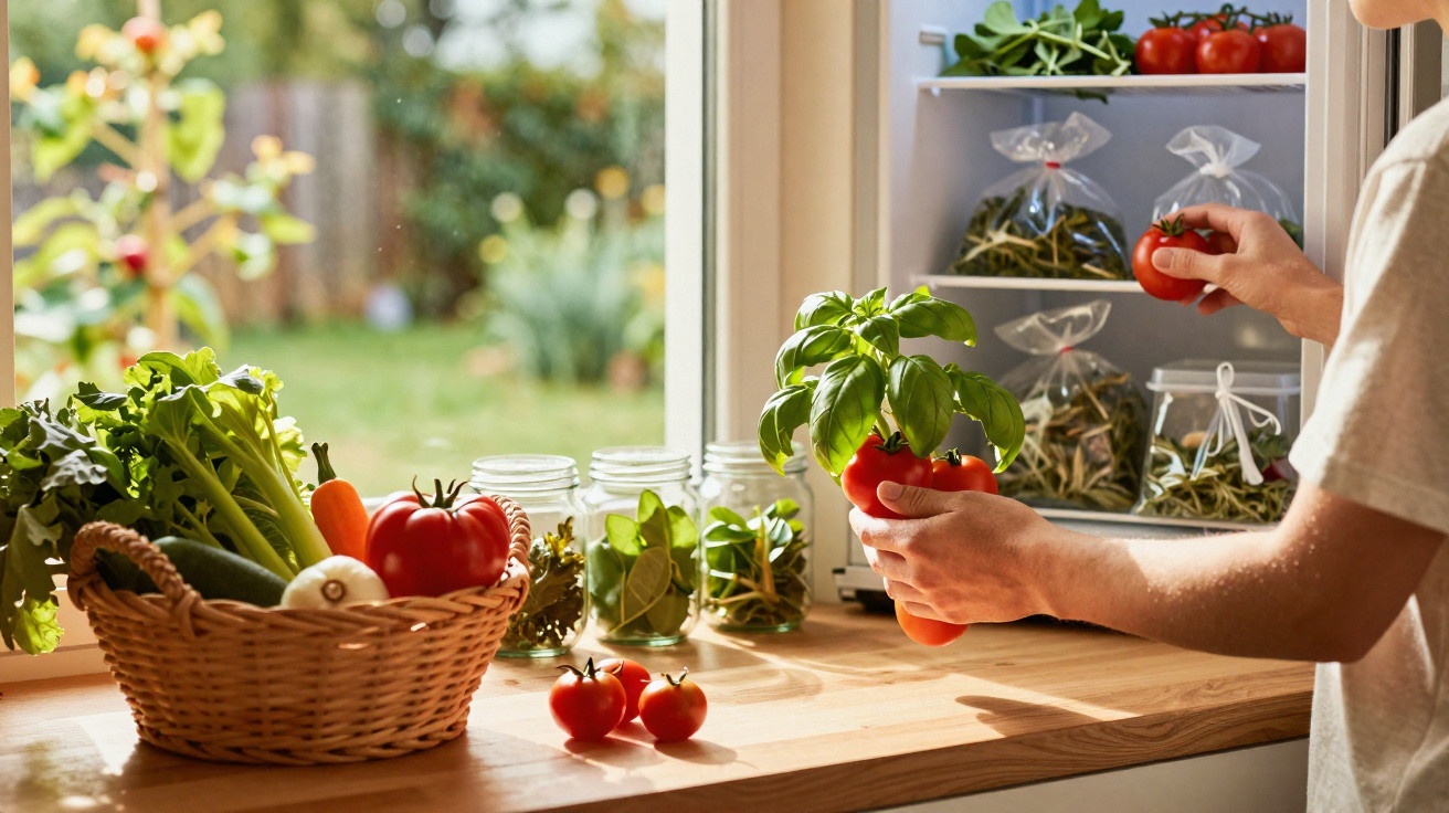 Pessoa guarda tomates frescos com manjericão no frigorífico, junto a cesta de legumes em cozinha iluminada.