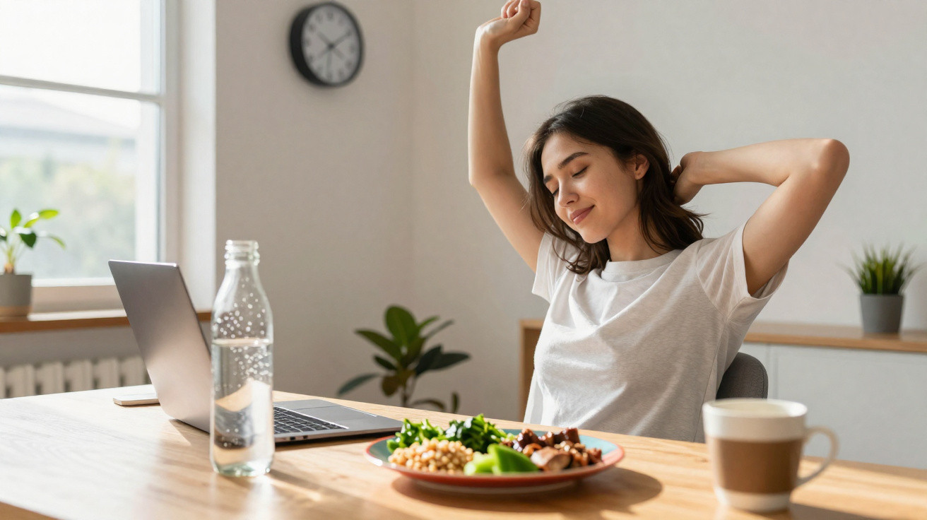 Mulher jovem a alongar-se sentada à mesa com computador, refeições e bebida num ambiente luminoso.