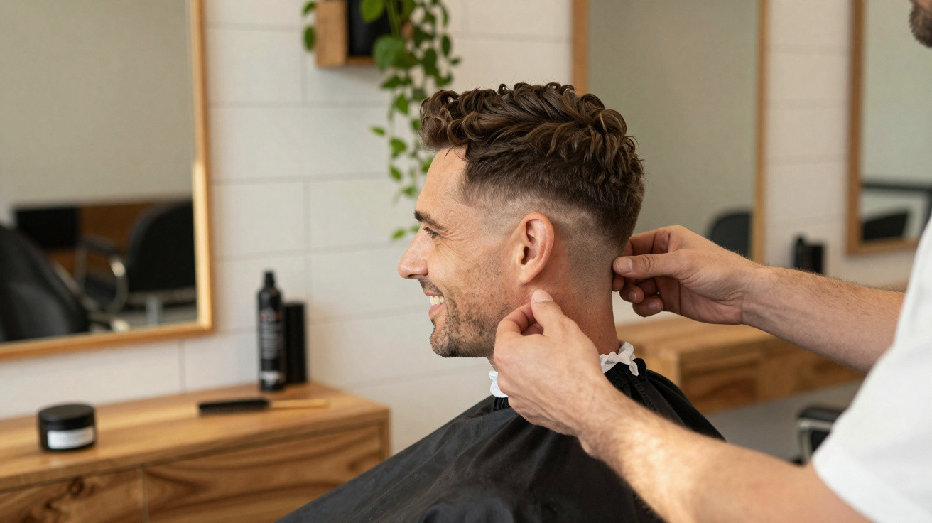 Homem sorridente a receber corte de cabelo num salão de cabeleireiro moderno.