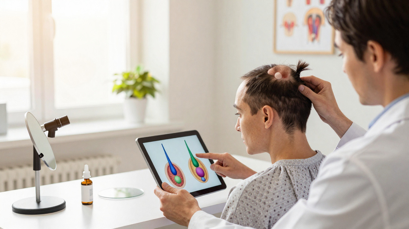 Médico dermatologista explica alopécia a paciente com imagem de folículos capilares em tablet.