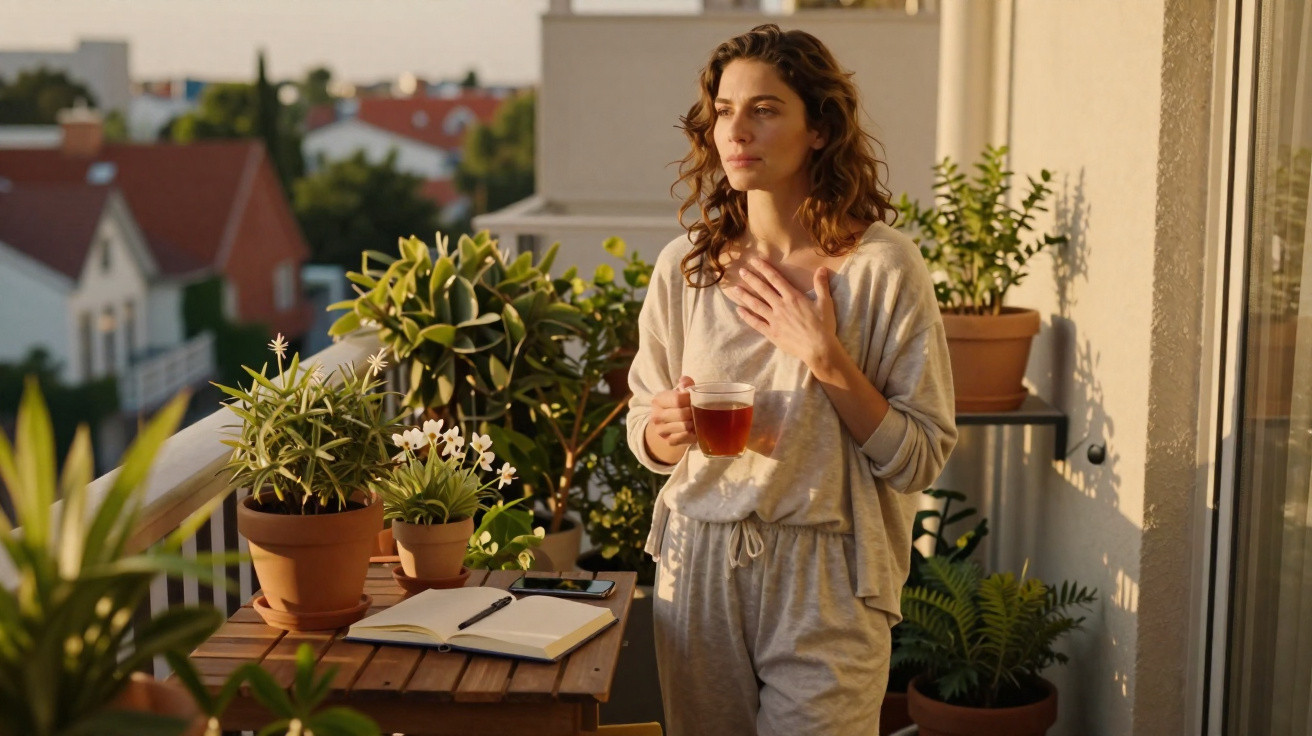 Mulher de pijama a beber chá num terraço rodeado de plantas durante o pôr do sol.