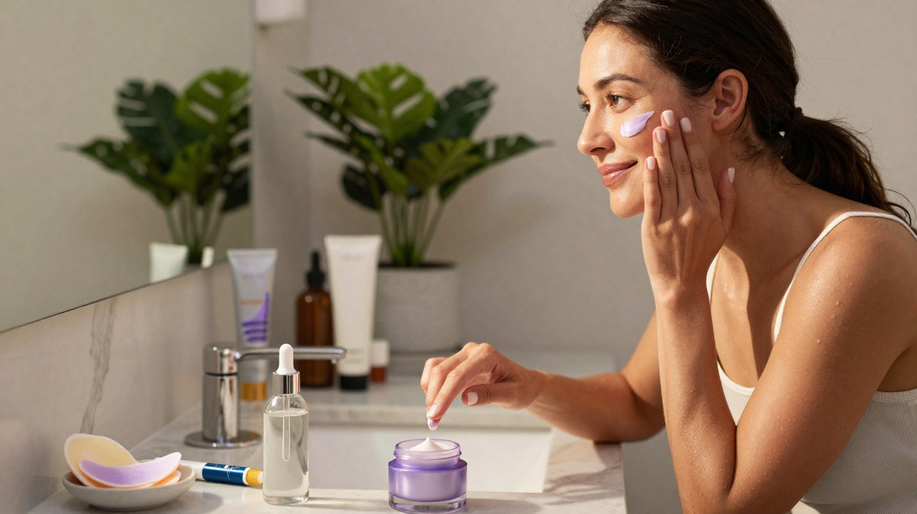 Mulher aplica creme hidratante no rosto num lavatório com plantas e produtos de beleza.
