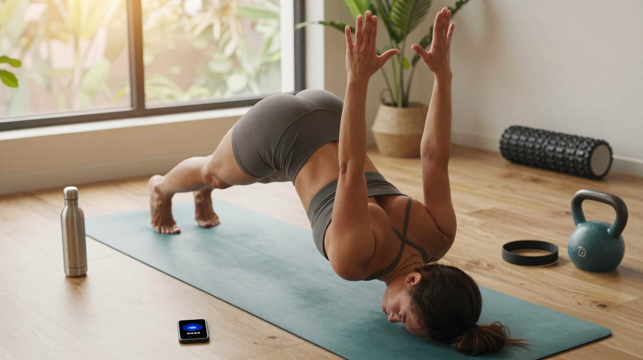 Mulher a fazer exercício de ponte invertida numa sala com tapete, garrafa, kettlebell e acessórios de treino.
