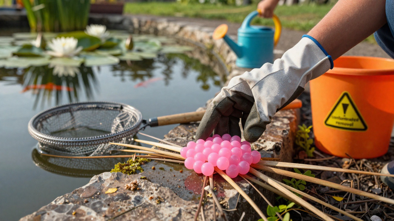 Mão com luva a apanhar ovos cor-de-rosa perto de lagoa com flores de lótus e regador azul ao fundo.