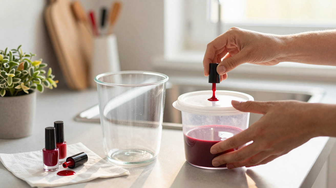 Pessoa a limpar pincel de verniz vermelho dentro de recipiente plástico numa bancada de cozinha.