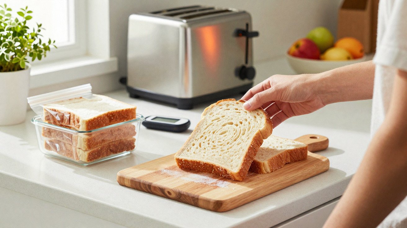 Pessoa segurando fatia de pão branco sobre tábua de madeira numa cozinha com torradeira e fruteira ao fundo.