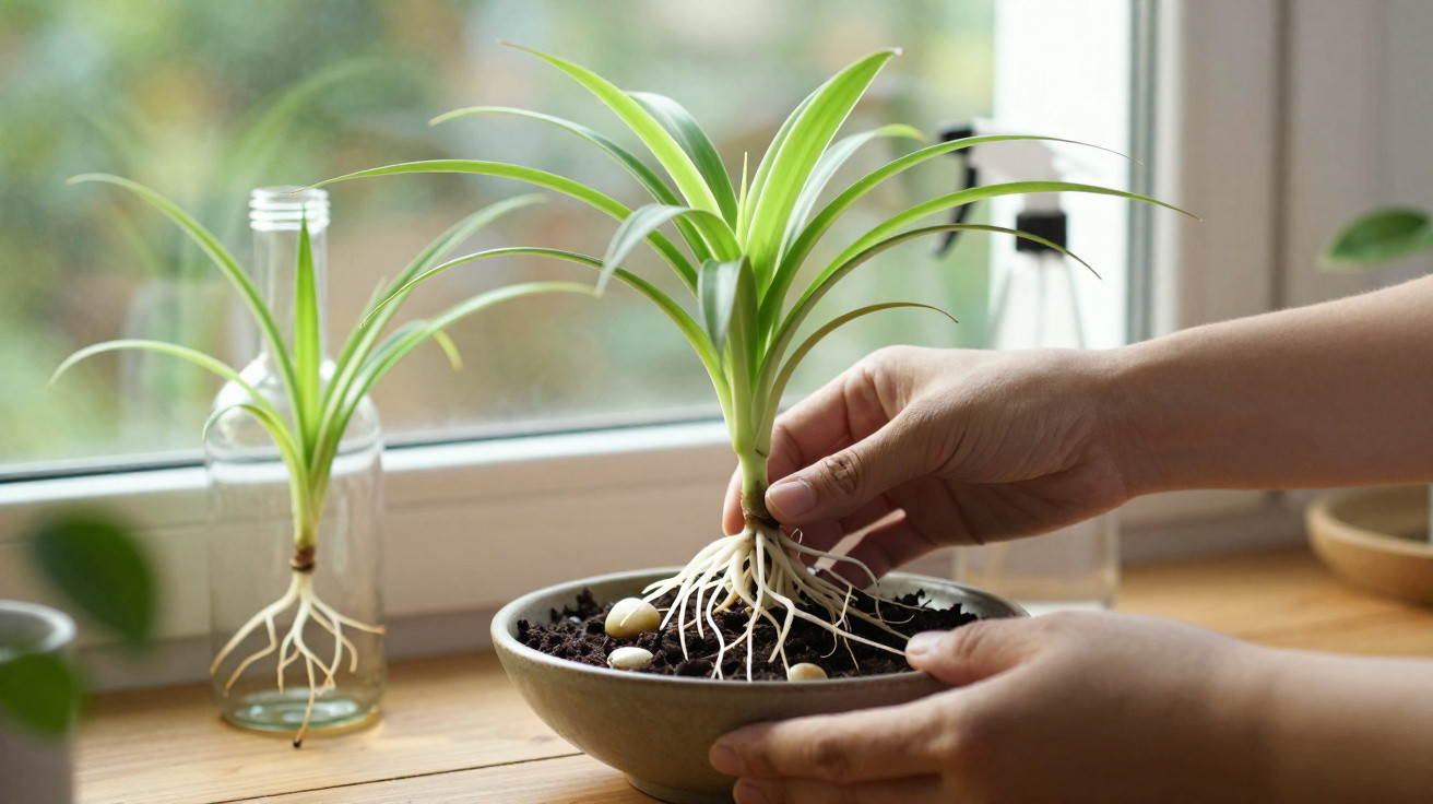 Mãos a plantar muda de planta com raízes expostas num vaso junto à janela e muda em garrafa de vidro ao fundo.