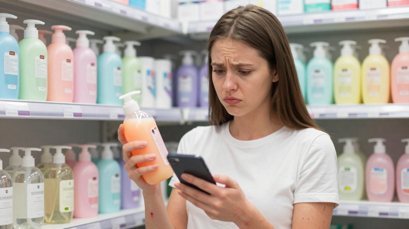 Jovem mulher analisa rótulo de produto líquido laranja na mão enquanto consulta o telemóvel numa farmácia.