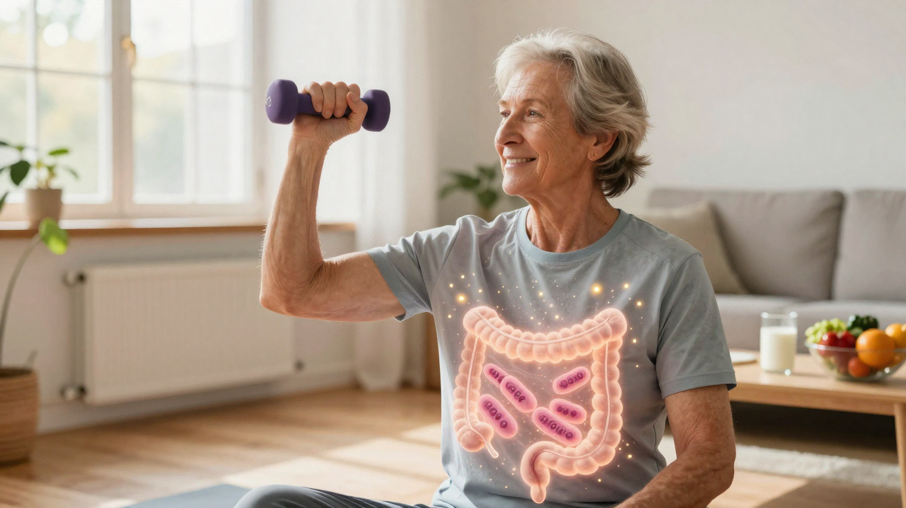 Mulher sénior a exercitar com haltere, com ilustração do intestino e bactérias intestinais visível.