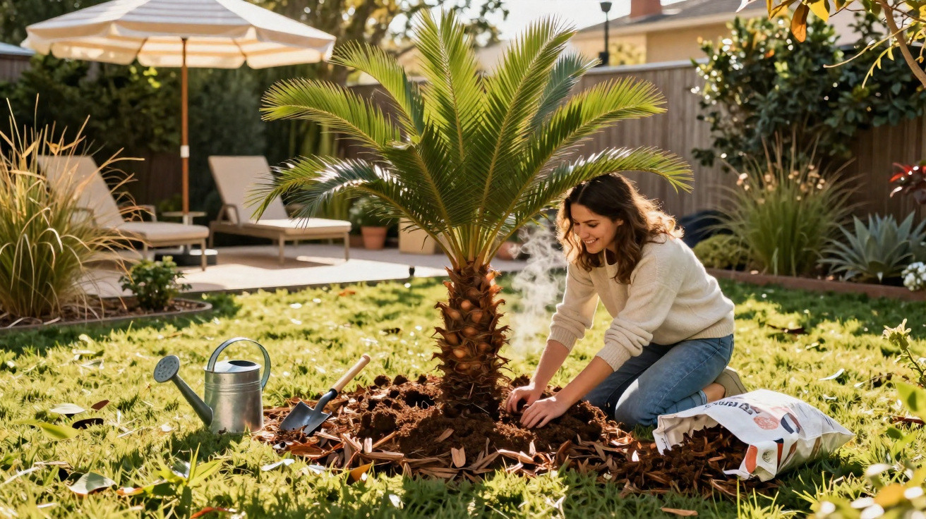 Mulher a plantar uma palmeira num jardim ensolarado, com regador, pá e saco de terra junto.