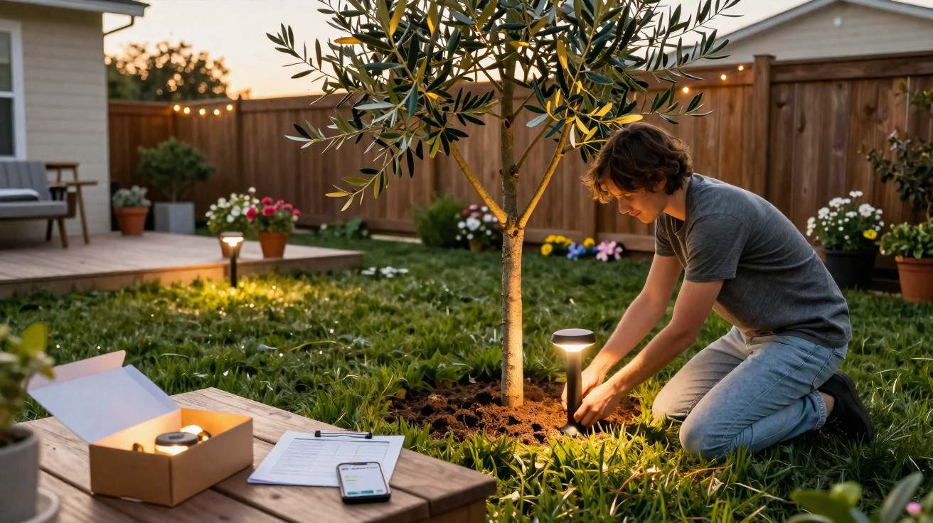 Jovem instala luz solar decorativa junto a árvore numa relva verde num quintal ao entardecer.