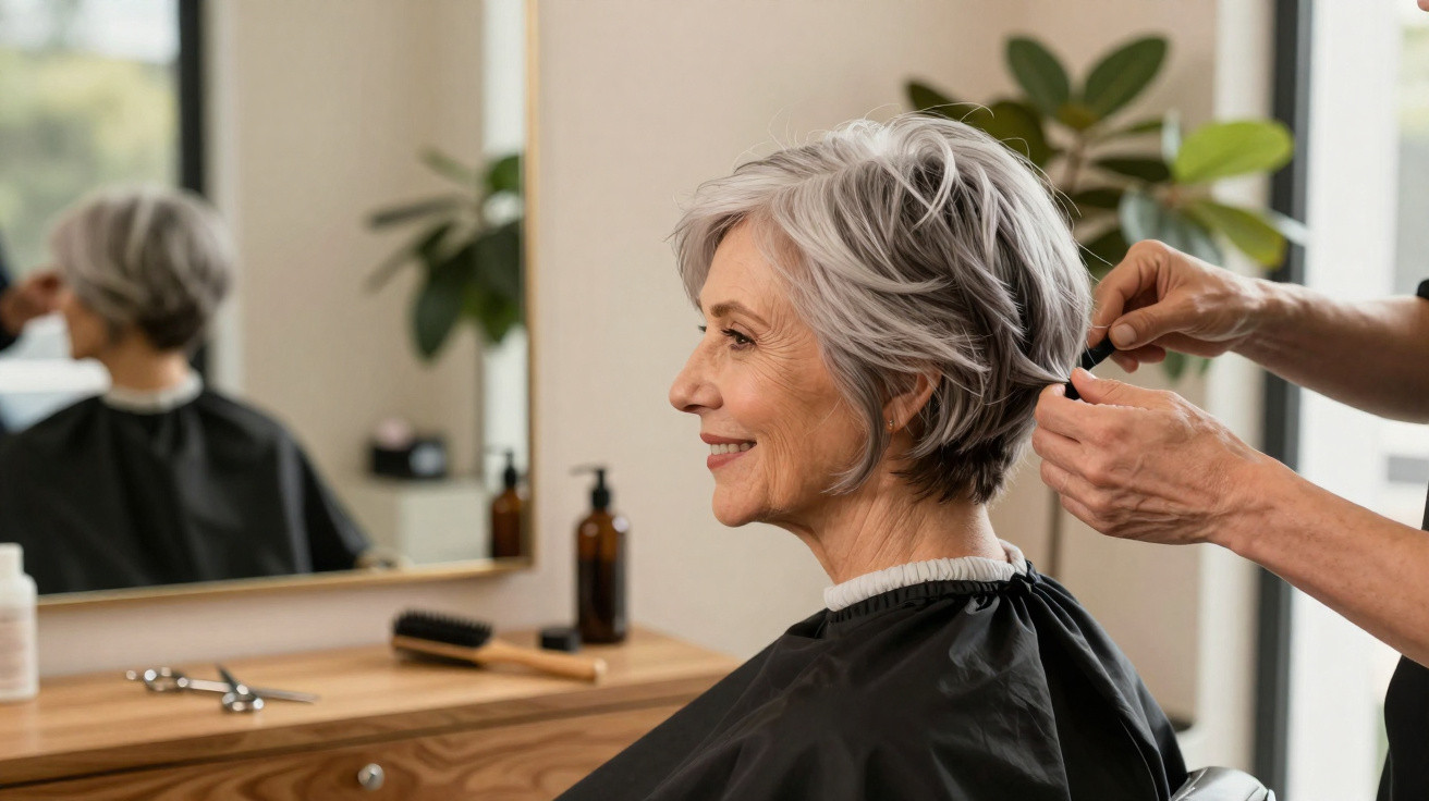 Mulher idosa com cabelo curto e grisalho a sorrir enquanto é penteada num salão de cabeleireiro.