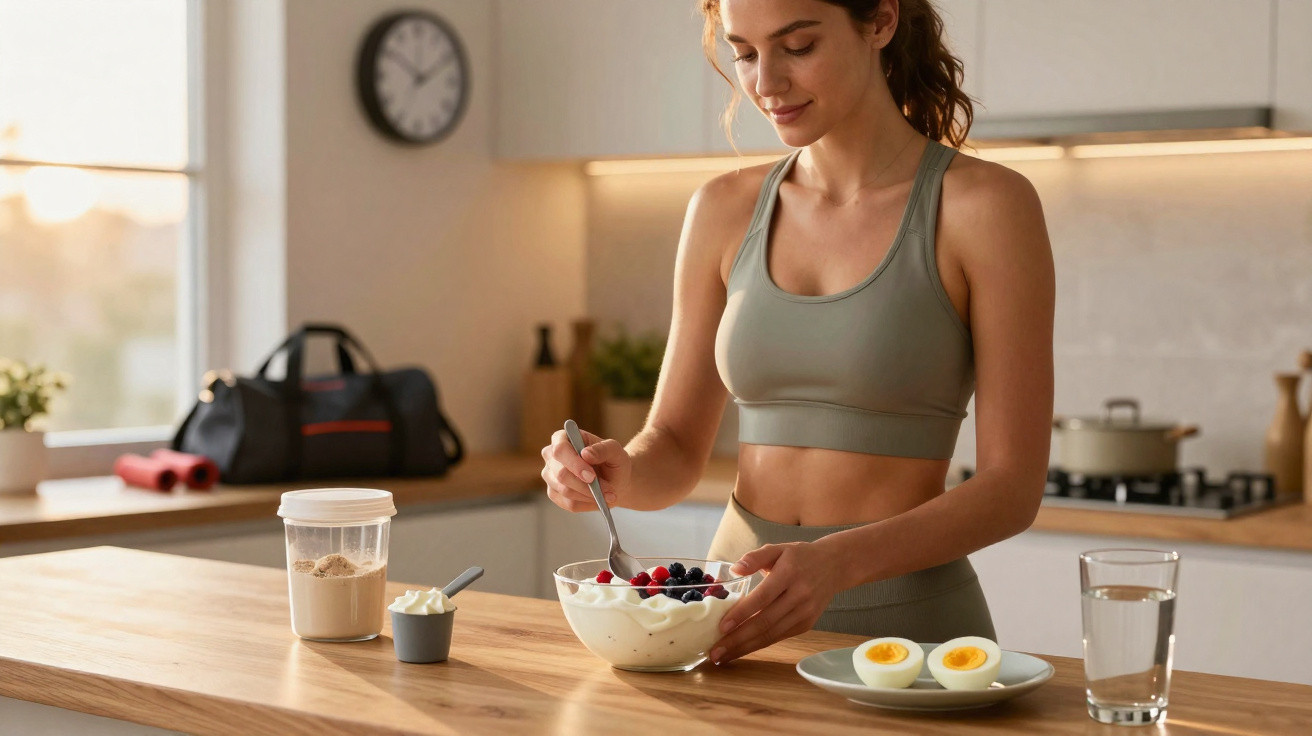 Mulher em roupa desportiva prepara pequeno-almoço saudável com iogurte, frutos vermelhos e ovos cozidos numa cozinha moderna.