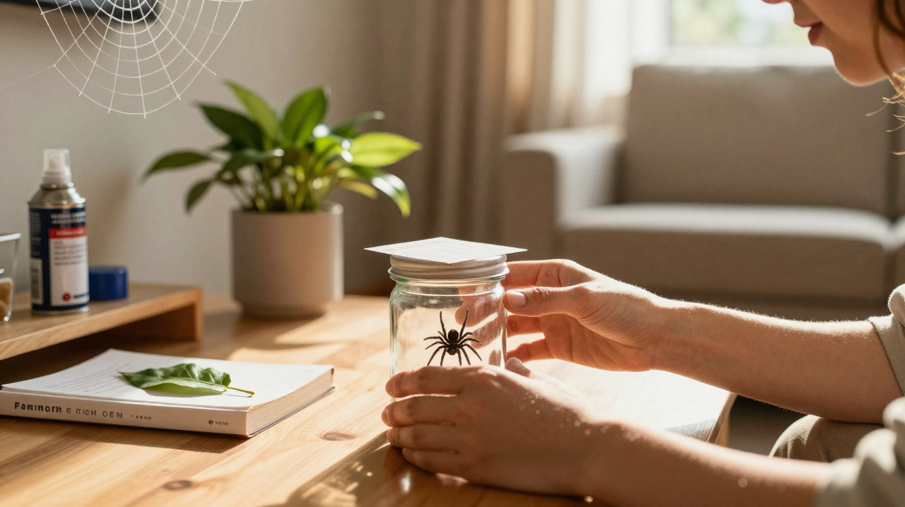 Pessoa segurando um frasco com uma aranha preta em cima de uma mesa de madeira iluminada pela luz natural.