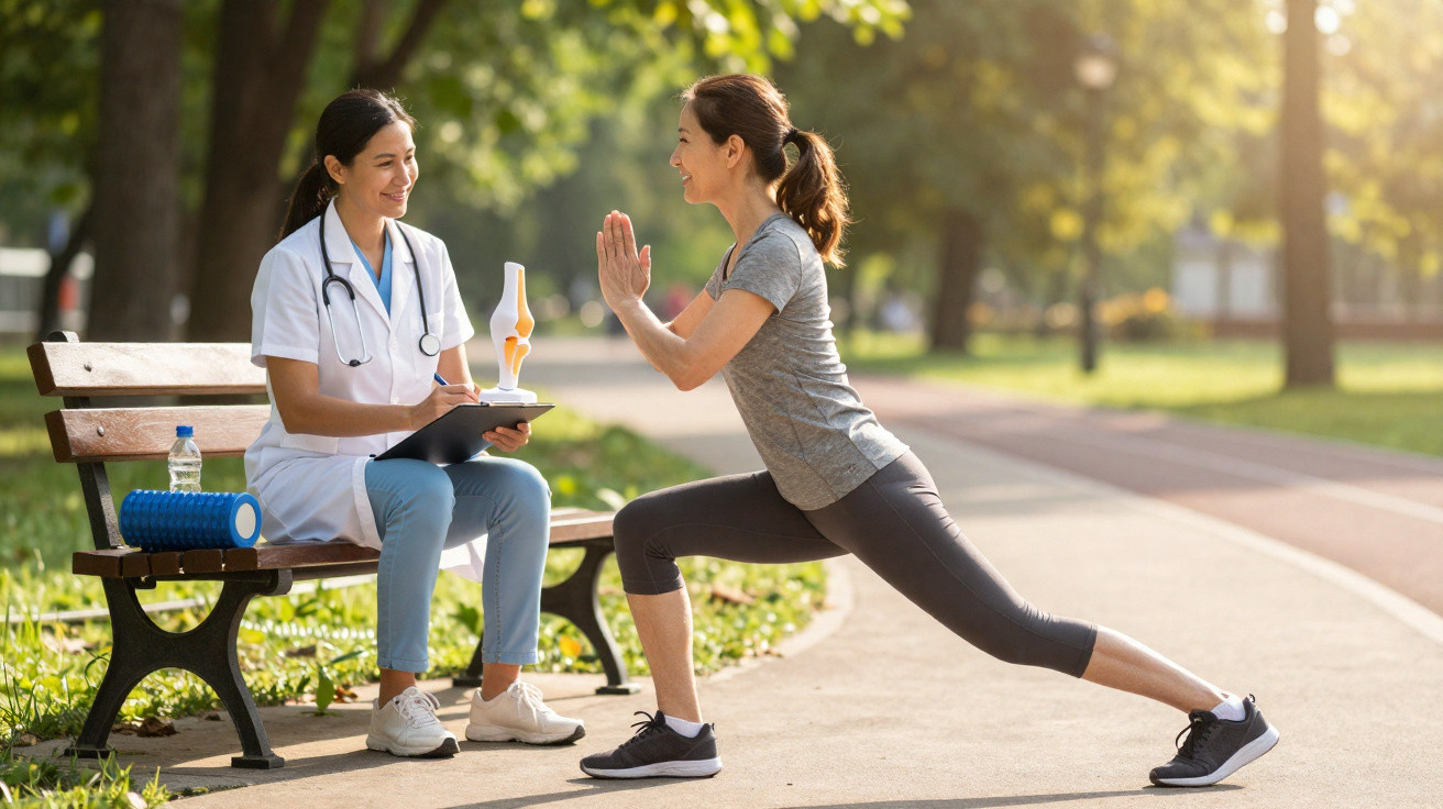 Mulher faz alongamento no parque enquanto conversa com médica sentada num banco.