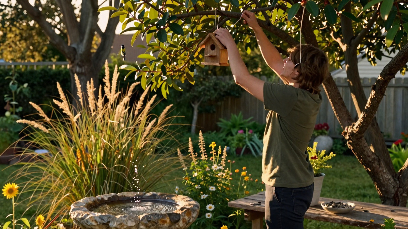 Criança pendura comedouro num ramo de árvore num jardim com plantas e fonte de água ao pôr do sol.