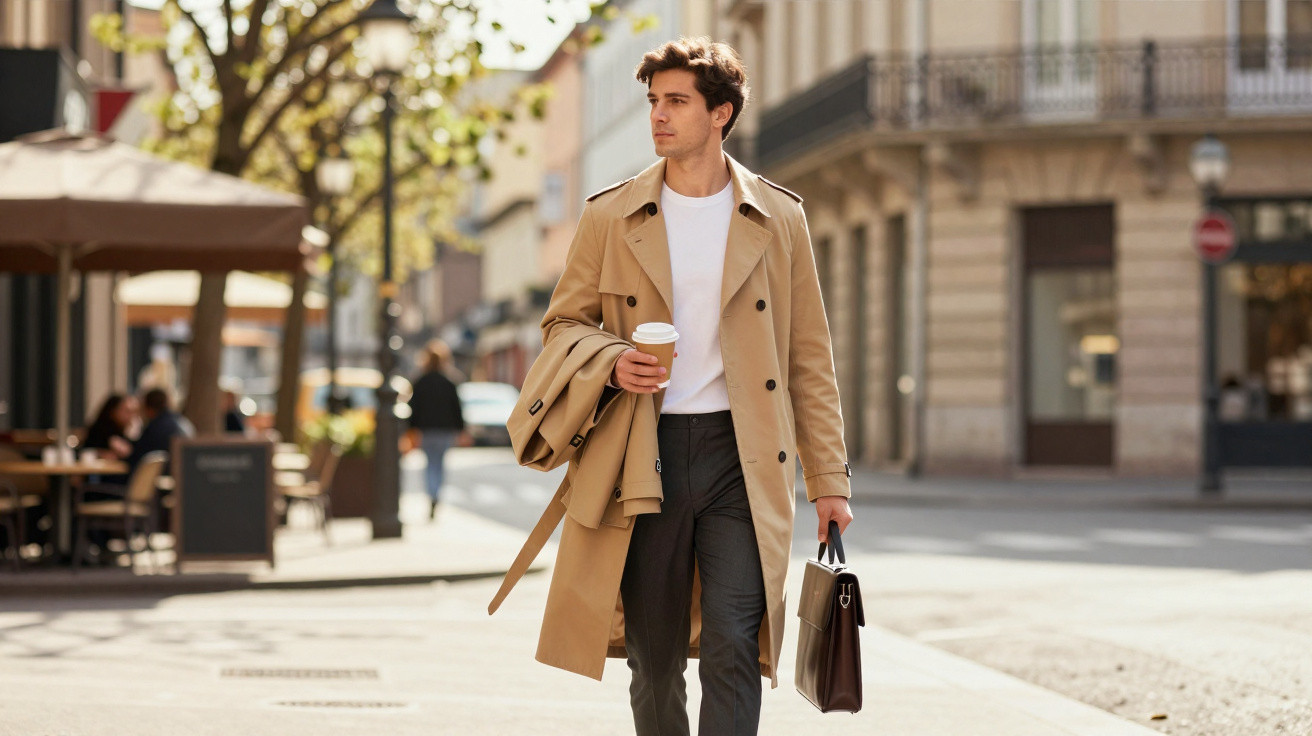 Homem vestido com casaco bege e calças escuras, a caminhar numa rua urbana com café na mão.