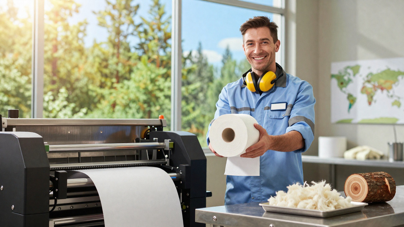 Operário sorridente com protetores auriculares a mostrar rolo de papel na fábrica de papel reciclado.