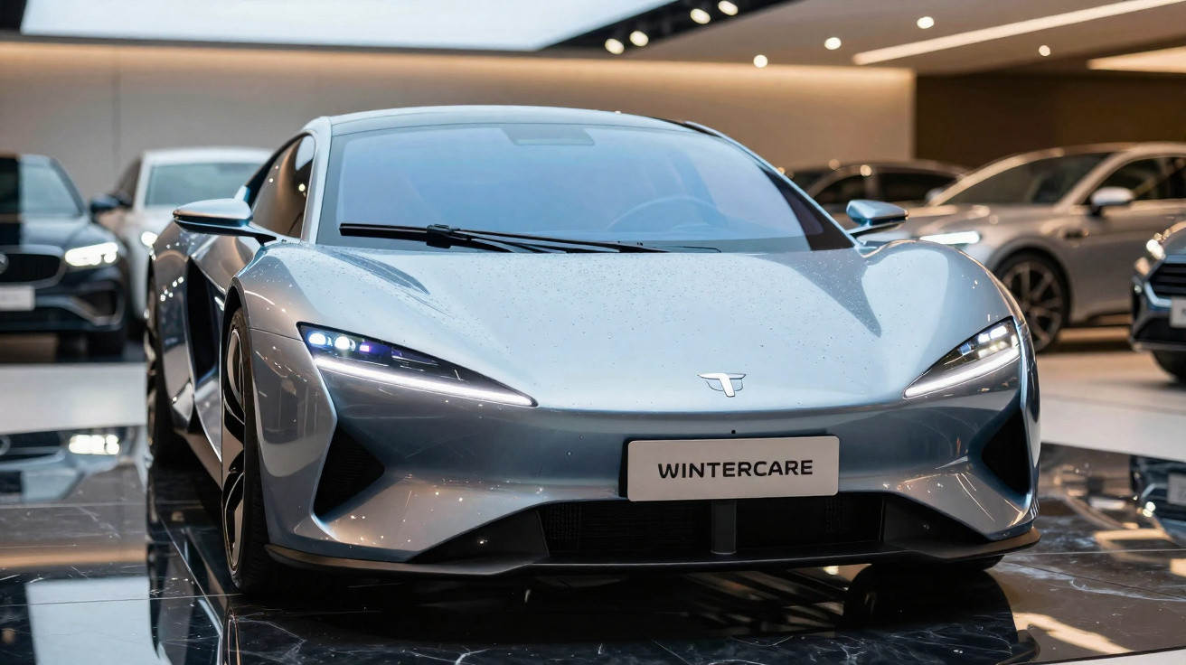 Carro desportivo elétrico cinzento exposto numa sala com algumas gotas de água no capot.