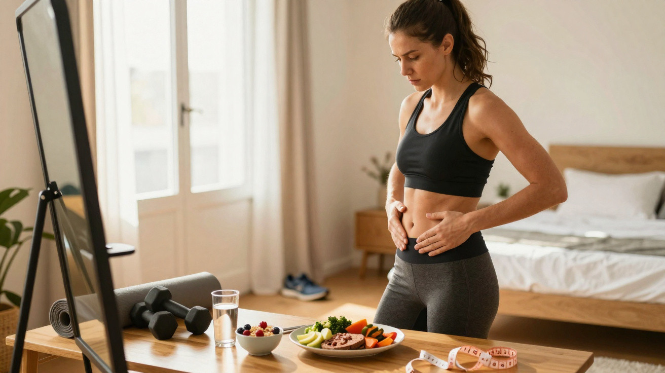 Mulher em roupa de treino a examinar a barriga numa casa, com frutas, legumes, água e fita métrica numa mesa.