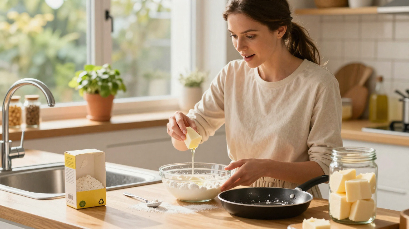 Mulher na cozinha a misturar manteiga e ingredientes numa tigela clara numa bancada de madeira.