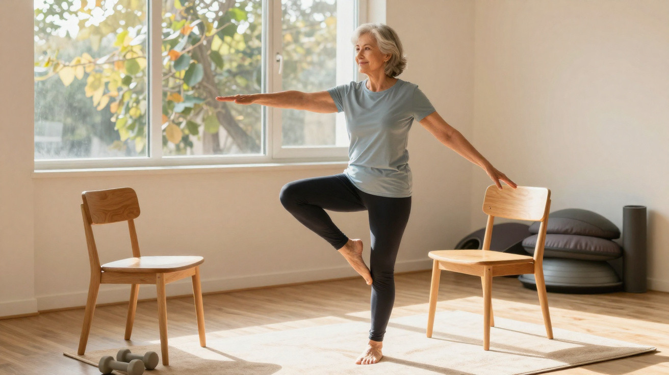 Mulher sénior a praticar yoga em casa, equilibrando-se numa perna com uma mão numa cadeira de madeira.