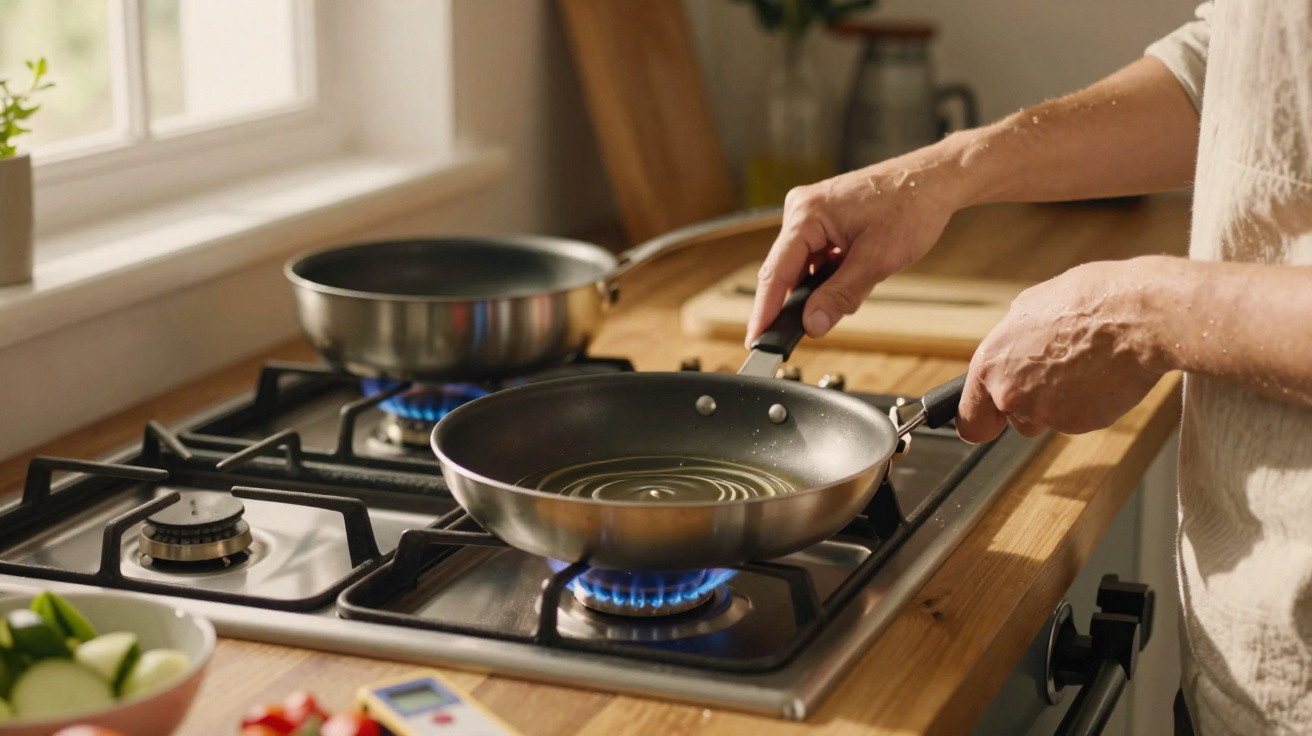 Pessoa a colocar uma frigideira com óleo num fogão a gás numa cozinha iluminada pela luz natural