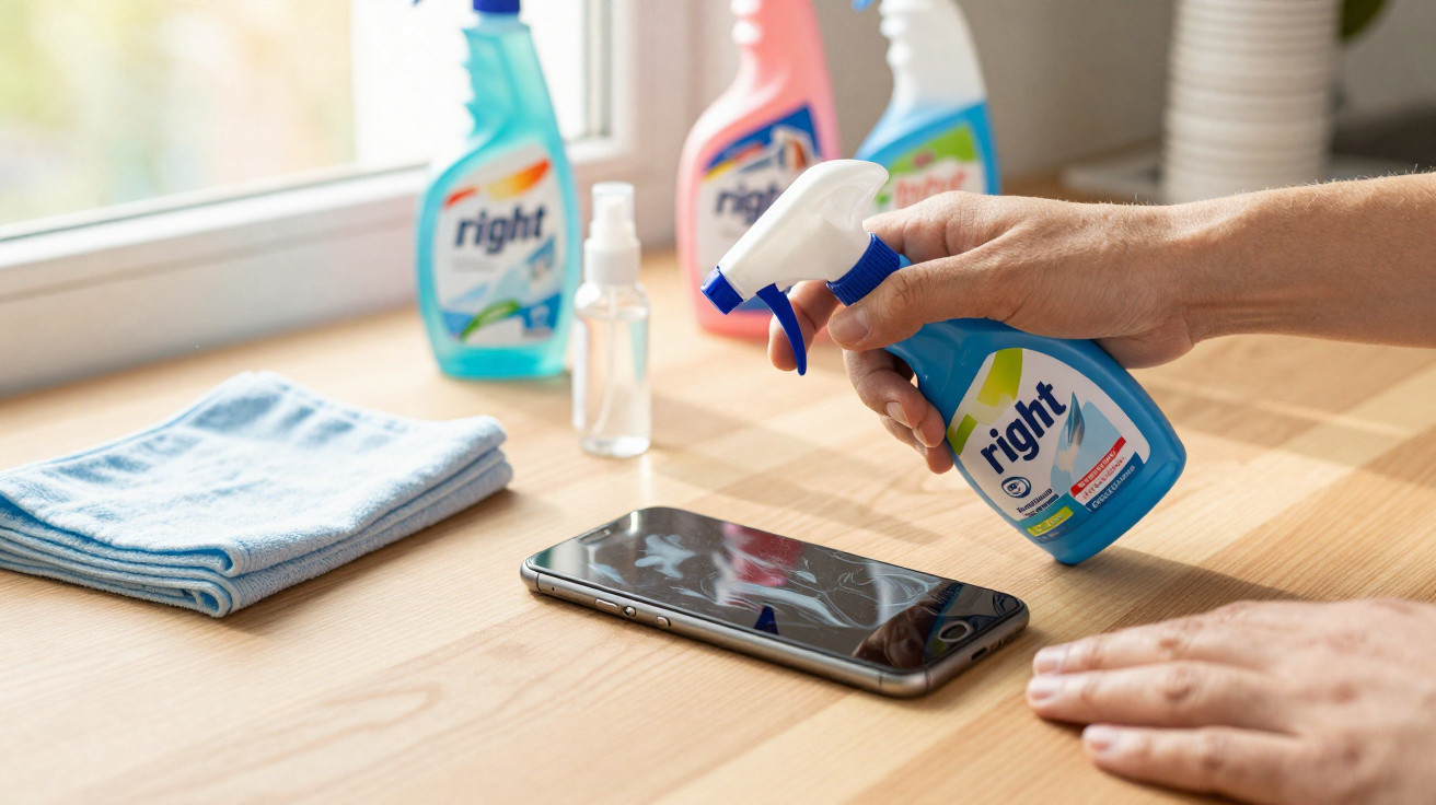 Pessoa a limpar um telefone móvel com spray desinfetante, pano azul dobrado e produtos de limpeza ao fundo.