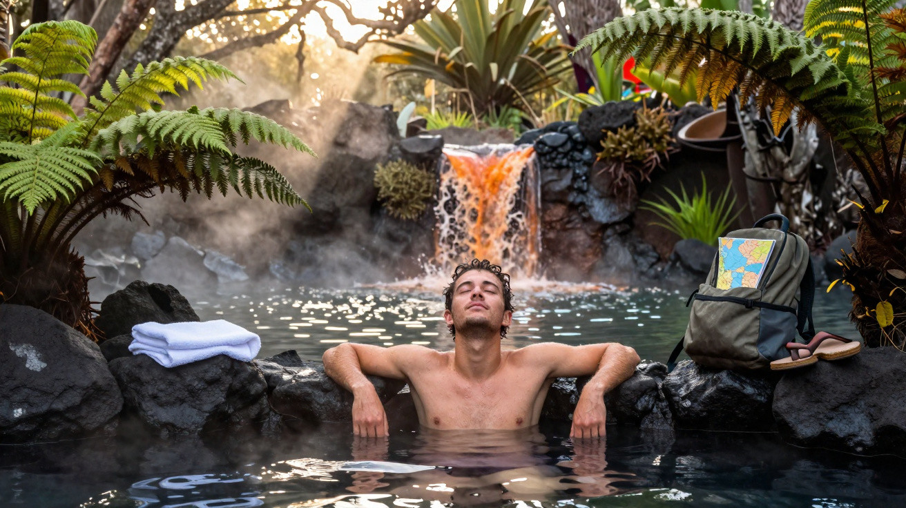 Homem relaxa em piscina natural junto a cascata, rodeado de rochas e vegetação verde exuberante.