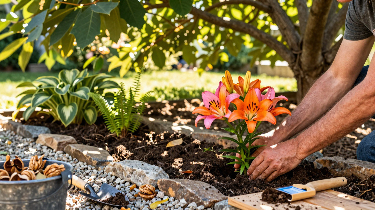 Pessoa a plantar lírios cor-de-laranja e rosa num jardim com solo e pedras decorativas.
