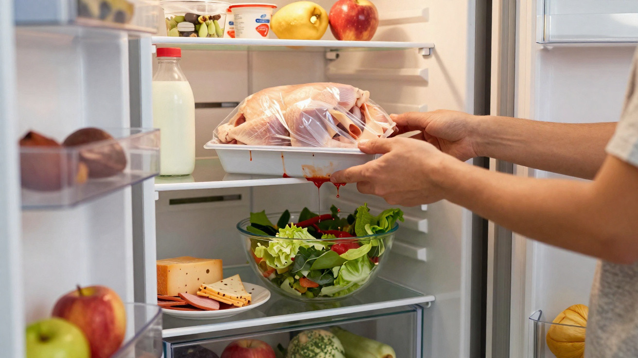 Pessoa a colocar frango cru envolto em plástico numa prateleira do frigorífico, com outros alimentos frescos à vista.