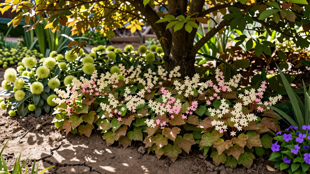 Jardim com várias flores coloridas e folhas verdes sob sombra de uma árvore.